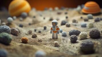 Generative AI, Space adventure illustration made of wool. Cosmic planet craft landscape with astronaut. photo