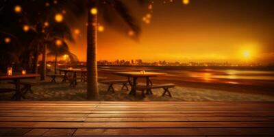 Generative AI, Tropical summer sunset beach bar background. Wooden table top product display showcase empty stage. photo