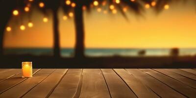 Generative AI, Tropical summer sunset beach bar background. Wooden table top product display showcase empty stage. photo