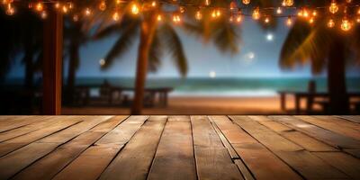 Generative AI, Tropical summer sunset beach bar background. Wooden table top product display showcase empty stage. photo