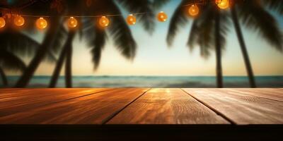 Generative AI, Tropical summer sunset beach bar background. Wooden table top product display showcase empty stage. photo