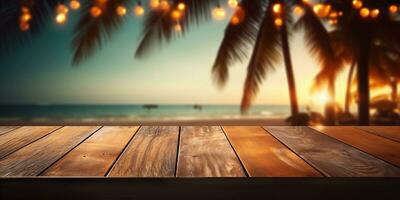 Generative AI, Tropical summer sunset beach bar background. Wooden table top product display showcase empty stage. photo