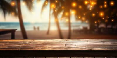 Generative AI, Tropical summer sunset beach bar background. Wooden table top product display showcase empty stage. photo