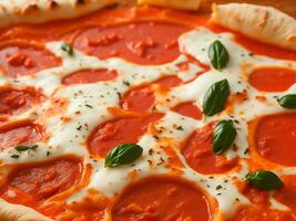 un Pizza con queso y salsa en parte superior ai generado foto