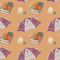 Pattern with umbrella, book, leaves, tea. Hello autumn. Elements on the autumn theme. vector