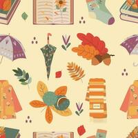 Pattern with umbrella, scarf, raincoat, chestnut, acorn, book, leaves. Hello autumn. Elements on the autumn theme. vector