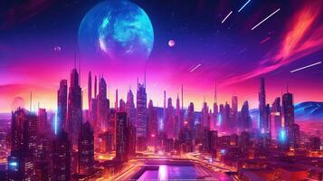 Generative AI, Synthwave style of a futuristic city, cityscape with neon lights and sky, red and purple colors photo