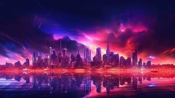 Generative AI, Synthwave style of a futuristic city, cityscape with neon lights and sky, red and purple colors photo