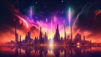 Generative AI, Synthwave style of a futuristic city, cityscape with neon lights and sky, red and purple colors photo