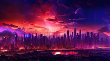 Generative AI, Synthwave style of a futuristic city, cityscape with neon lights and sky, red and purple colors photo