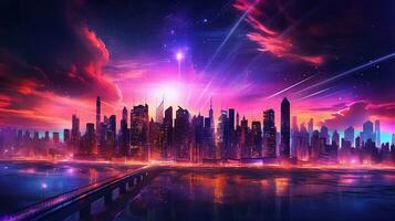 Generative AI, Synthwave style of a futuristic city, cityscape with neon lights and sky, red and purple colors photo