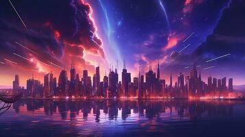 Generative AI, Synthwave style of a futuristic city, cityscape with neon lights and sky, red and purple colors photo