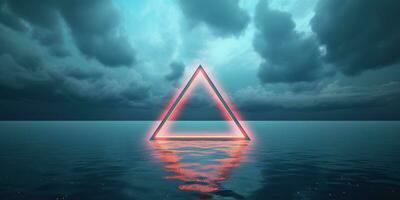 Generative AI, abstract geometric background, clouds, sea and glowing neon triangular frame. Minimal futuristic seascape with reflection in the water. photo