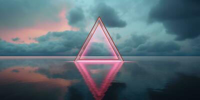 Generative AI, abstract geometric background, clouds, sea and glowing neon triangular frame. Minimal futuristic seascape with reflection in the water. photo