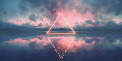 Generative AI, abstract geometric background, clouds, sea and glowing neon triangular frame. Minimal futuristic seascape with reflection in the water. photo