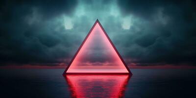 Generative AI, abstract geometric background, clouds, sea and glowing neon triangular frame. Minimal futuristic seascape with reflection in the water. photo