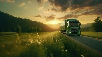 Generative AI, Green truck driving on the asphalt road in rural landscape at sunset. photo