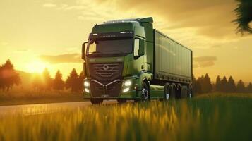 Generative AI, Green truck driving on the asphalt road in rural landscape at sunset. photo