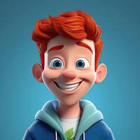 A cheerful cartoon portrait of a generic red head boy with captivating blue eyes. AI Generated photo