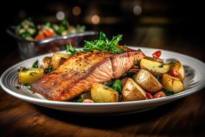 salmon steak accompanied by crispy fried potatoes and a refreshing vegetable salad, presented on a rustic wooden table. photo