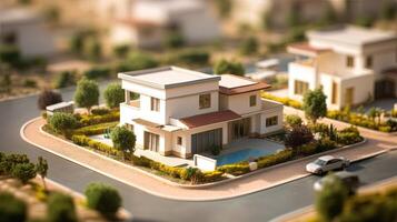 A miniature model of a contemporary villa house neighborhood showcases a modern and generic aesthetic, enhanced by the creative use of tilt-shift focus technique. AI Generated photo