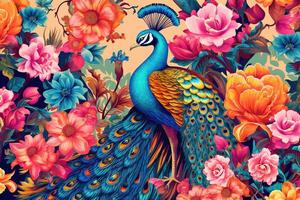 Peacocks and flowers in bright colors background with Exotic oriental pattern. photo