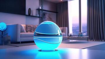 Modern bright room background with futuristic generic smart home iot assistant device. photo