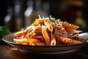 Italian lunch of Penne Rigatoni Rigate pasta, served on a plate with a delectable tomato sauce, ready to be savored with a fork. photo