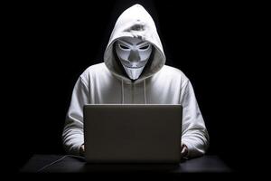 Anonymous hacker typing on computer laptop. Hacking computer system, Cyber crime, Cyber security, Cybercrime, Cyber attack. photo