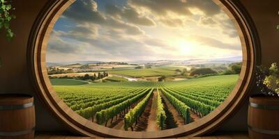 Generative AI, beautiful vineyard, green landscape. Rows of vines on sunset photo