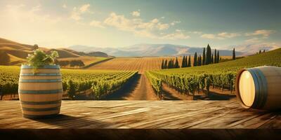 Generative AI, beautiful vineyard with wooden barrels, green landscape. Rows of vines on sunset photo