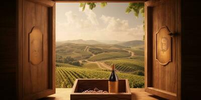 Generative AI, beautiful vineyard with wooden barrels, green landscape. Rows of vines on sunset photo