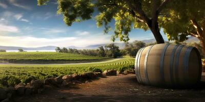 Generative AI, beautiful vineyard with wooden barrels, green landscape. Rows of vines on sunset photo