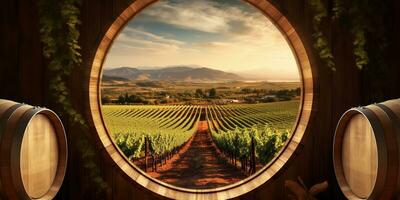 Generative AI, beautiful vineyard with wooden barrels, green landscape. Rows of vines on sunset photo