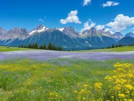 wildflowers in a meadow with mountains in the background ai generated photo