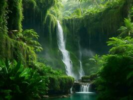 a waterfall surrounded by lush green vegetation ai generated photo