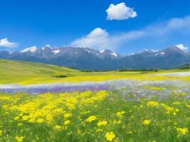 wildflowers in a meadow with mountains in the background ai generated photo