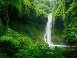 a waterfall in the jungle surrounded by lush green vegetation ai generated photo