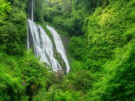 a waterfall in the jungle surrounded by lush green vegetation ai generated photo