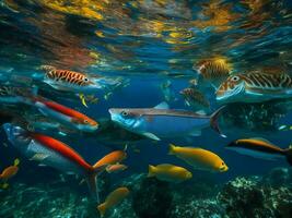 un grande grupo de pescado nadando en el Oceano ai generado foto