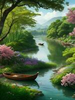 a boat floating in a river surrounded by trees ai generated photo