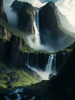un cascada en el montañas con un oscuro cielo ai generado foto