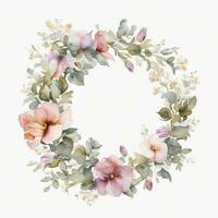 Generative AI, Watercolor wreath with pastel colors flowers in boho style, hand drawn art style with place for text. Greeting, birthday and other holiday, wedding invitation concept photo