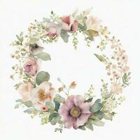 Generative AI, Watercolor wreath with pastel colors flowers in boho style, hand drawn art style with place for text. Greeting, birthday and other holiday, wedding invitation concept photo