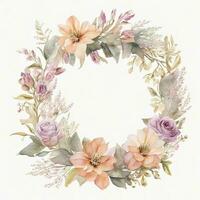 Generative AI, Watercolor wreath with pastel colors flowers in boho style, hand drawn art style with place for text. Greeting, birthday and other holiday, wedding invitation concept photo