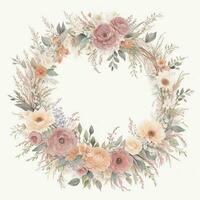 Generative AI, Watercolor wreath with pastel colors flowers in boho style, hand drawn art style with place for text. Greeting, birthday and other holiday, wedding invitation concept photo