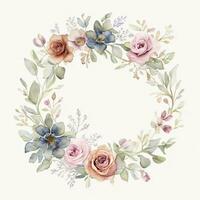 Generative AI, Watercolor wreath with pastel colors flowers in boho style, hand drawn art style with place for text. Greeting, birthday and other holiday, wedding invitation concept photo