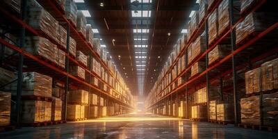 Generative AI, Warehouse interior with LED lighting, industry building, distribution retail center, part of storage and shipping system. photo