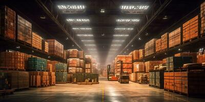Generative AI, Warehouse interior with LED lighting, industry building, distribution retail center, part of storage and shipping system. photo