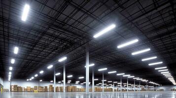 Generative AI, Warehouse interior with LED lighting, industry building, distribution retail center, part of storage and shipping system. photo